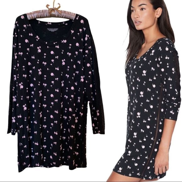 𝅺Victoria’s Secret Sleep Lounge Long Sleeve Soft Black Pink Dandelion Print Sz M - Picture 1 of 10
